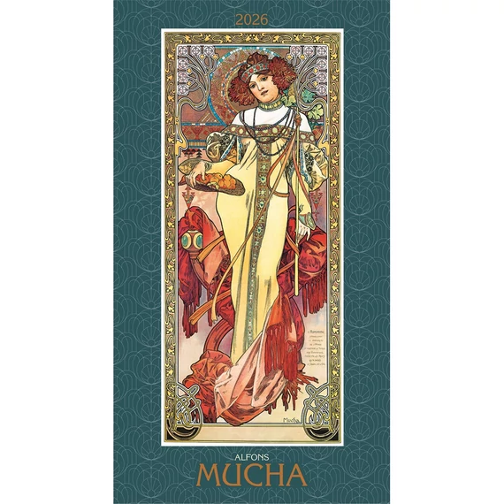 Falinaptár képes 420 × 560 mm, fehér lapokkal Alfons Mucha Dayliner 2026.
