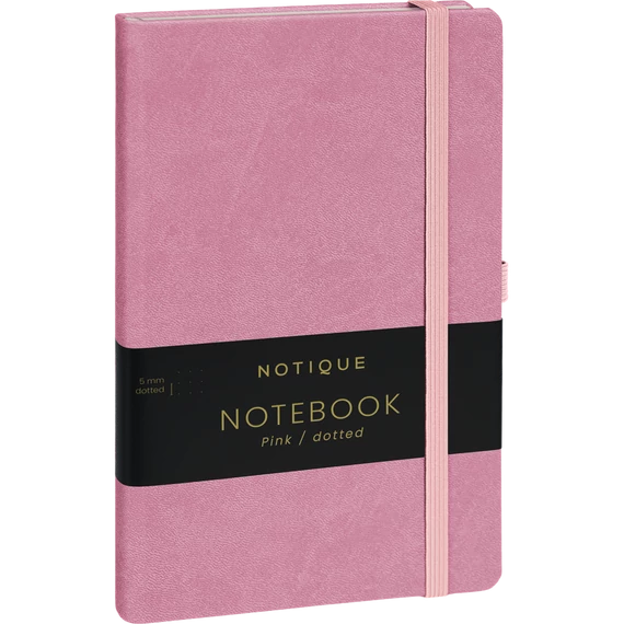 Keménytáblás notesz pontozott vonalozással krémszínű lapokkal leszorító gumiszalaggal Pink 130x210mm, Presco