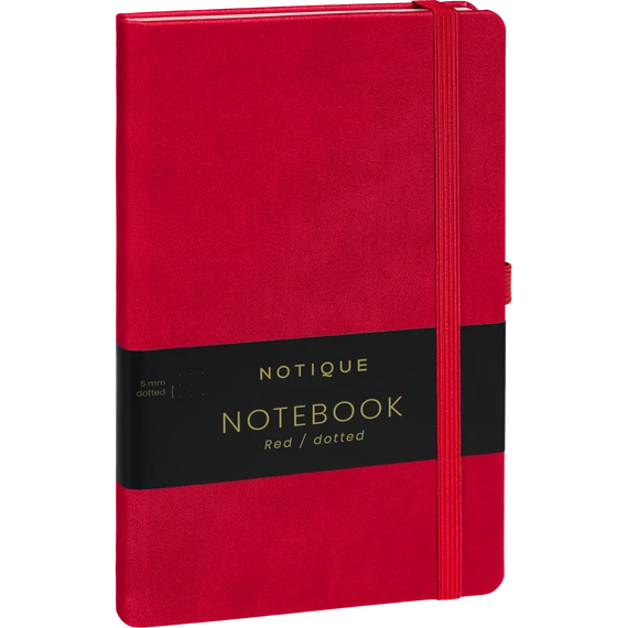 Keménytáblás notesz pontozott vonalozással krémszínű lapokkal leszorító gumiszalaggal Red 130x210mm, Presco