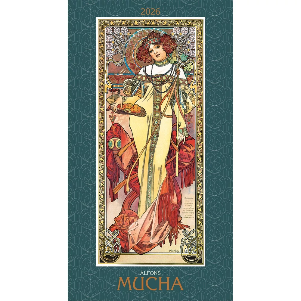 Falinaptár képes 420 × 560 mm, fehér lapokkal Alfons Mucha Dayliner 2026.