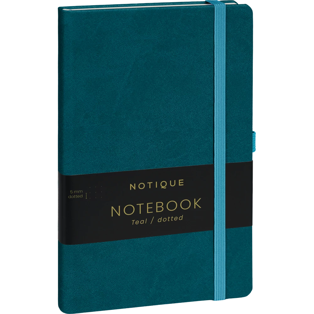 Keménytáblás notesz pontozott vonalozással krémszínű lapokkal leszorító gumiszalaggal Teal 130x210mm, Presco