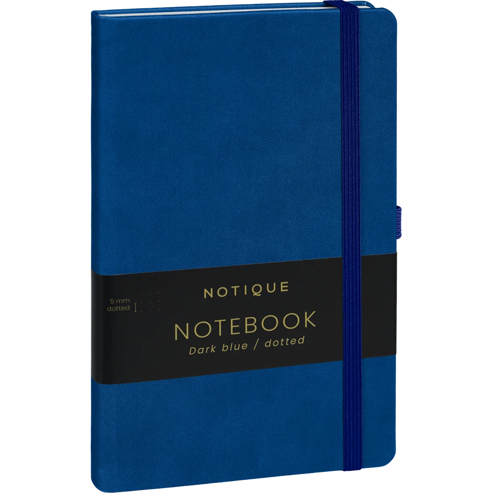 Keménytáblás notesz pontozott vonalozással krémszínű lapokkal leszorító szalaggal Dark blue 130x210mm, Presco