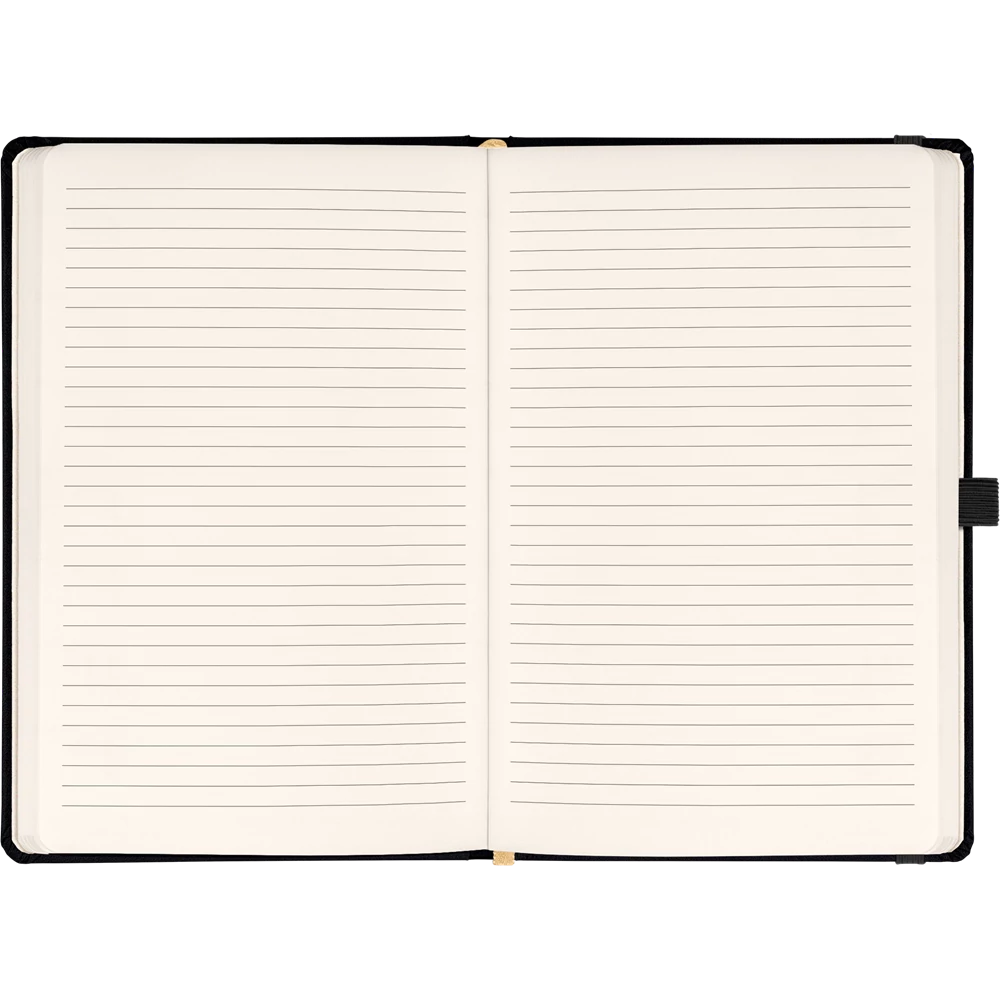 Keménytáblás notesz vonalas krémszínű lapokkal leszorító gumiszalaggal Black 130x210mm, Presco